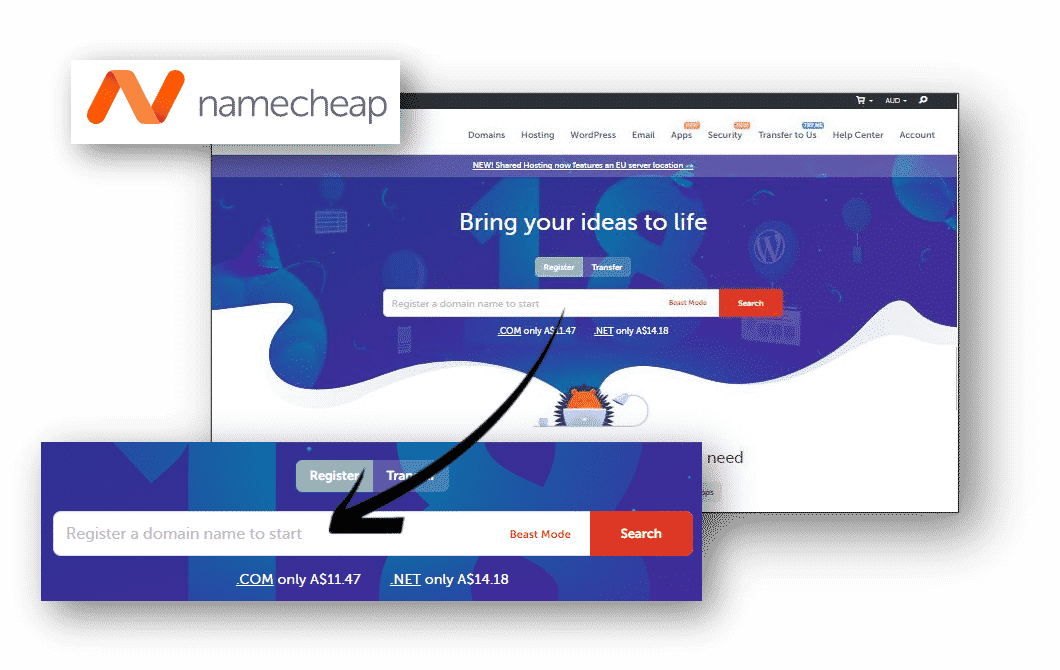 NameCheap homepage get a domain name 1 1